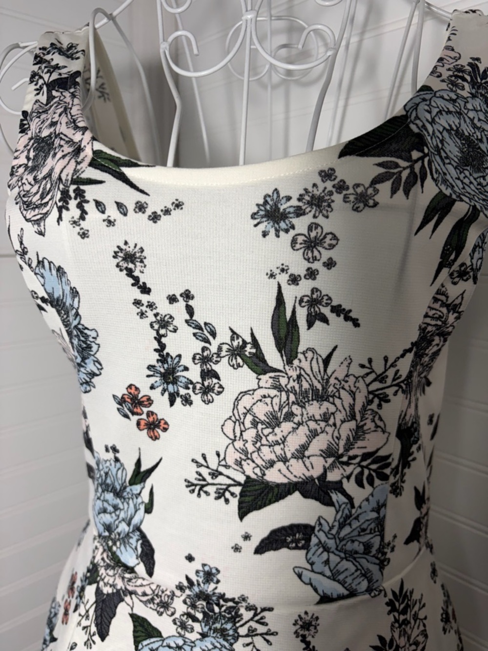 Floral Fit-and-Flare Dress in Ivory with Blue & Pink Blooms - Picture 8 of 10